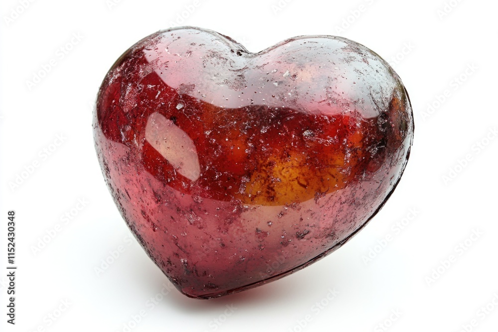 Poster a red glass heart shaped object sits on a white surface, perfect for decorative or symbolic use
