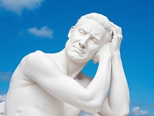 Emotionally expressive sculpture of a young man with his head in his hands against a clear blue sky