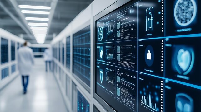 Cybersecurity dashboard in a futuristic health data center, promoting innovation and trust