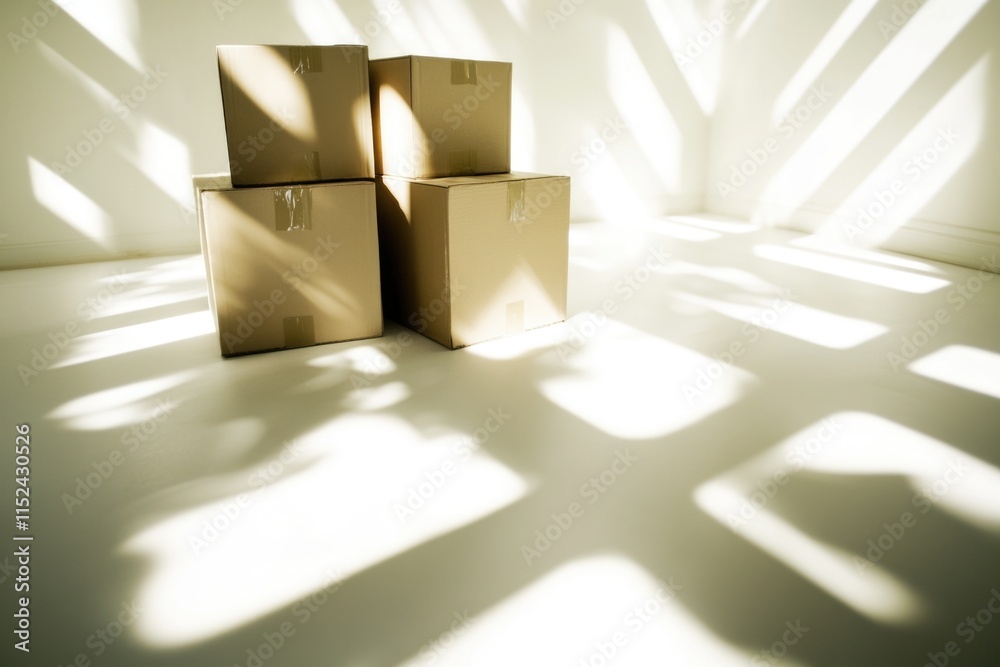 Poster three stacked cardboard boxes in a room, used for storage or moving
