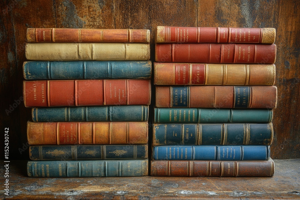 Poster a wooden table with stacks of books, great for studying or displaying your favorite literature