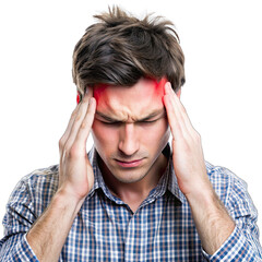A young man is pressing his hands to his forehead indicating a severe headache as he engages with art in a gallery setting