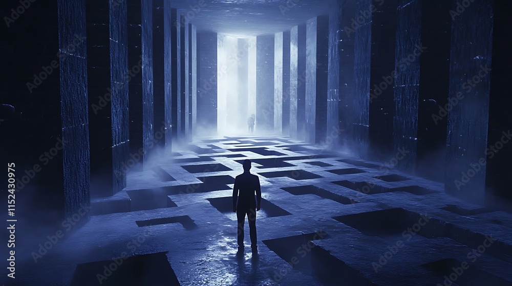 Wall mural fearless man standing before complex maze with endless winding paths image
