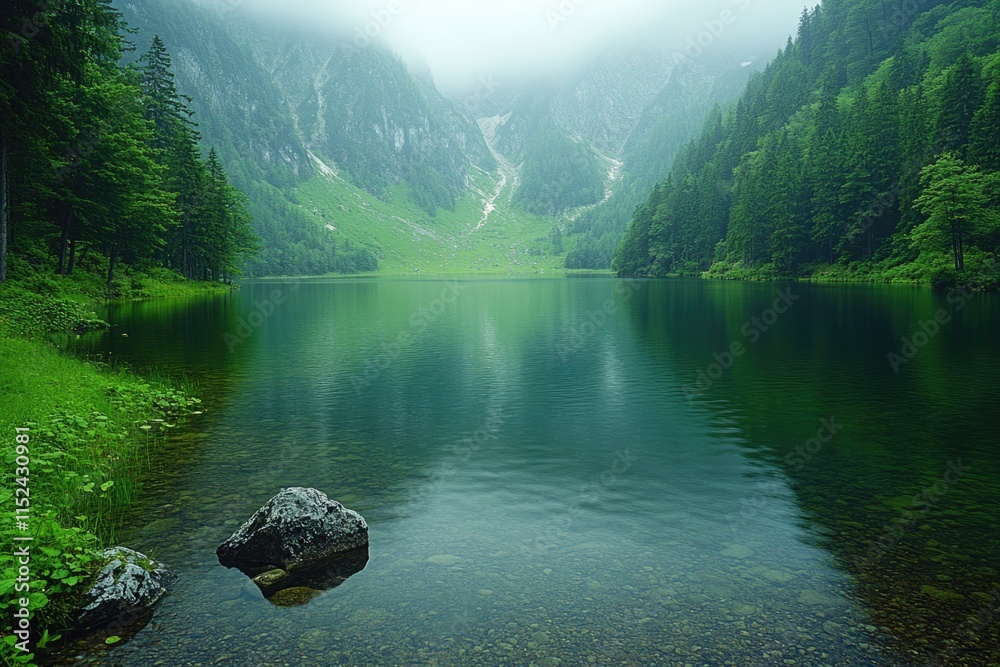 Poster a serene lake surrounded by lush greenery and towering trees