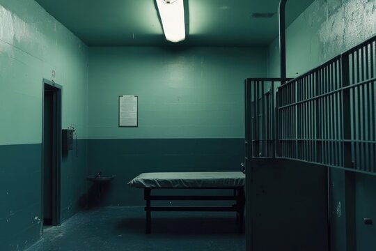 A jail cell with a bed, ideal for depicting confinement or imprisonment