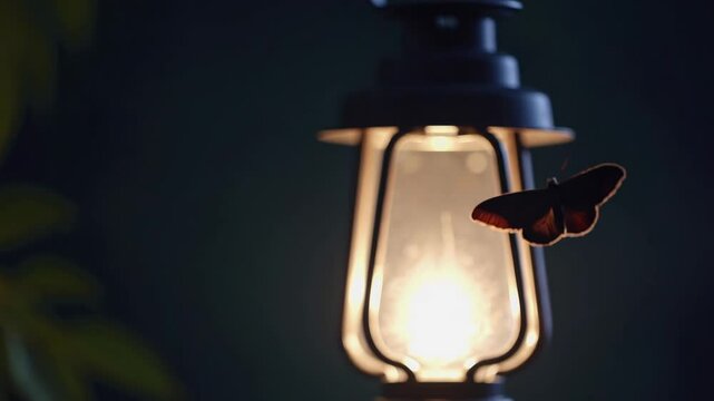 A moth flies to the light of a lamp outside. An insect to a fire.