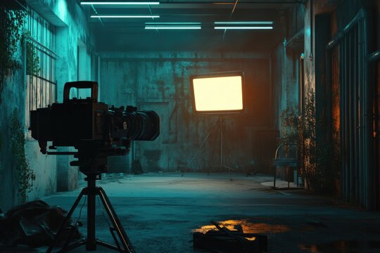 A camera sits on top of a tripod in a dark room, ready to capture images