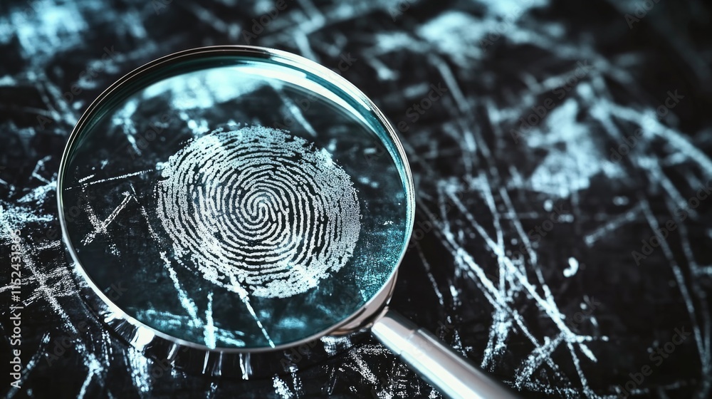 Poster a close-up of a magnifying glass with a clear fingerprint on the lens, used for forensic analysis an