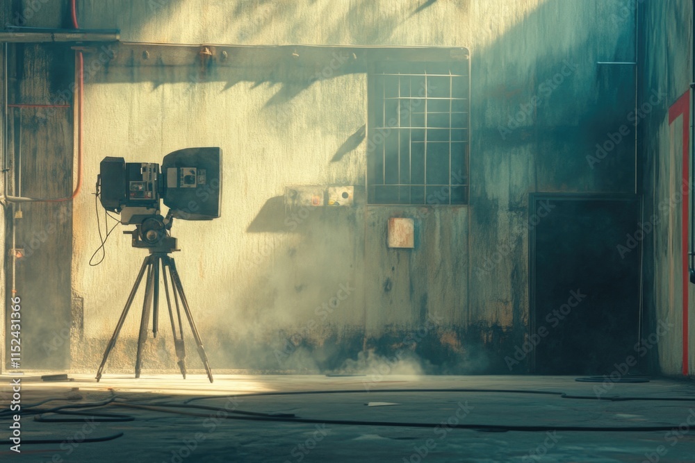 Poster A camera set up on a tripod in front of a building, ready to capture the scene