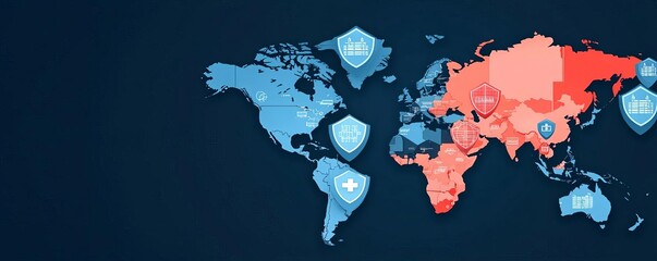 Global map with cyber shields over hospitals, representing international healthcare safety