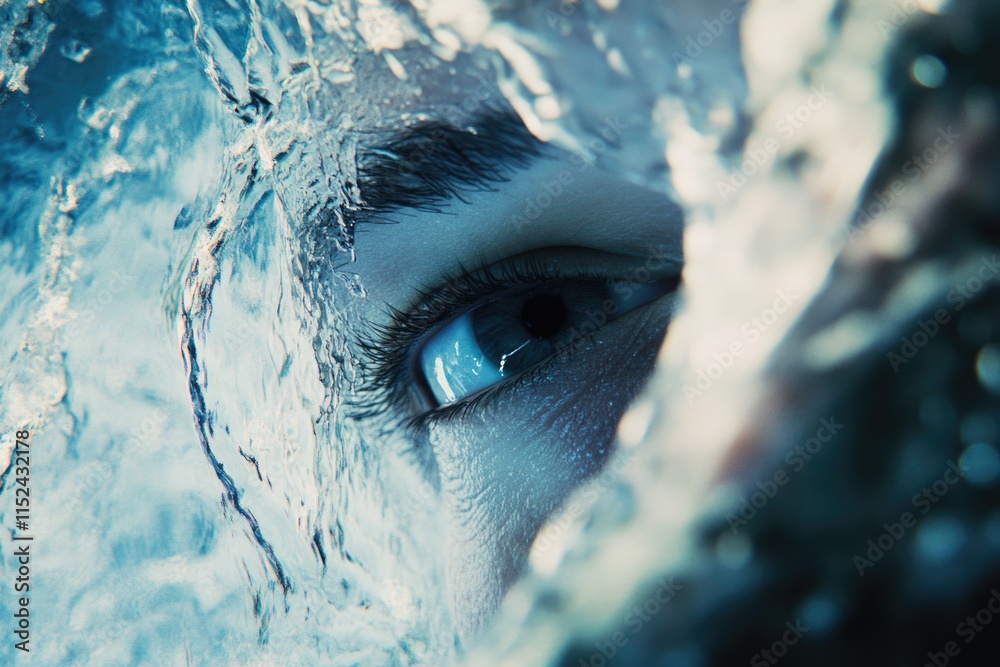 Poster a close-up view of a person's eye submerged in water, suitable for use in editorial or commercial co