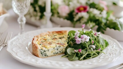 A beautifully arranged plate featuring a slice of quiche and a fresh green salad.