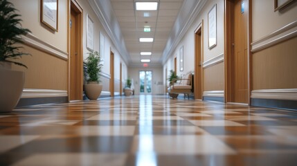A polished corridor featuring checkered tiles and greenery, illuminated by natural light from windows