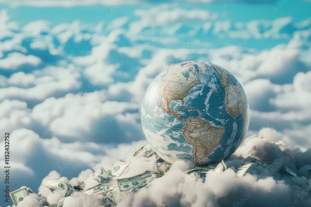 Poster a globe sitting atop a stack of money, symbolizing global wealth and prosperity