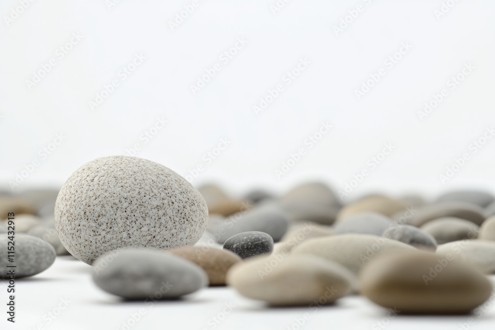 Poster a single white and gray rock sits atop a pile of rocks, great for use in landscape or still life com