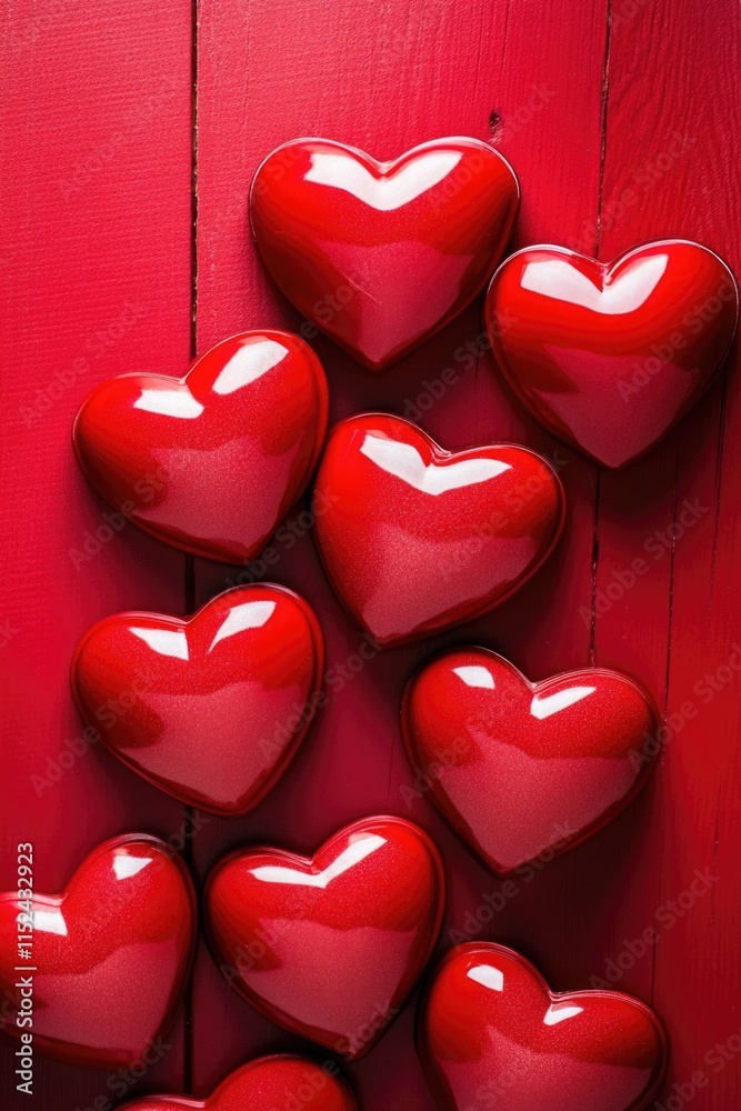 Poster A selection of red heart shaped chocolates arranged on a red table