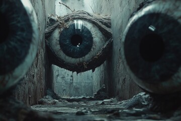A creepy looking eye stares from a darkened room, perfect for horror or thriller scenes