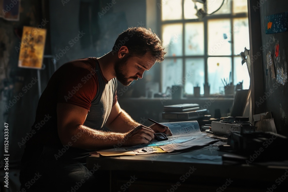 Poster a person seated at a desk with a pen and paper, taking notes or composing