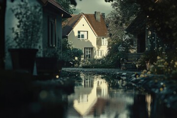 Obraz premium A house reflected in a puddle of water, ideal for use in illustrations about symmetry, architecture, and nature