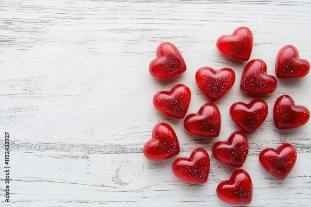 Poster a collection of bright red hearts arranged on a white table