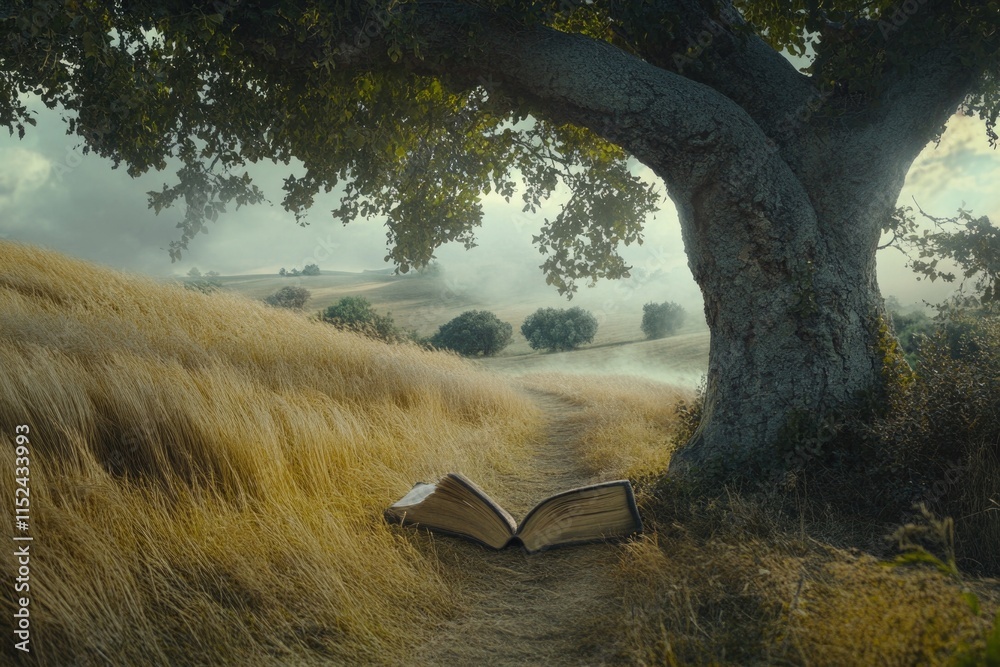 Poster An open book lying on the ground under a tree