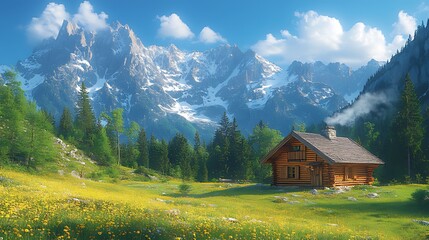 Obraz premium Idyllic wooden cabin nestled in a vibrant alpine meadow, majestic mountains in the background under a bright sunny sky.