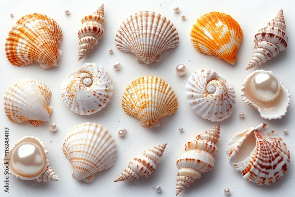 Poster a selection of seashells arranged on a white surface, great for beach or coastal themed projects