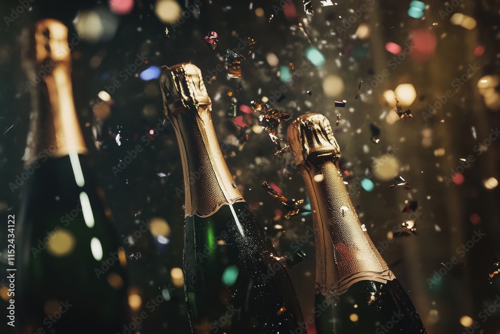 Poster celebratory scene with two bottles of champagne and confetti in the background