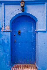 blue wooden door with an arched top, set in a matching blue wall, creating a striking and colorful architectural detail