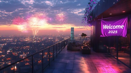 Rooftop Welcome to Two Thousand Twenty Five Fireworks Cityscape