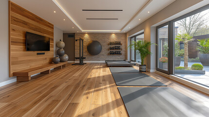 Obraz premium Modern fitness studio designed for yoga and strength training with natural light and sleek decor. Generative AI