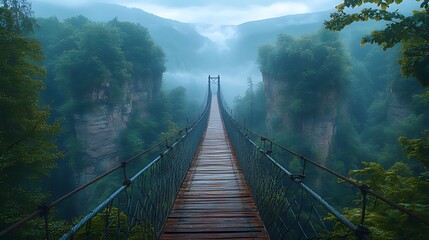 Fototapeta premium Misty mountain valley with suspension bridge.