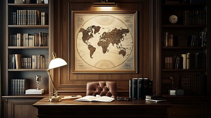Elegant Study with World Map and Leather Chair