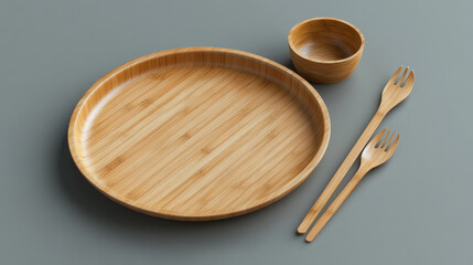 3d wood cutlery plate and spoon top view vector illustration. Empty bamboo tableware for food isolated. Disposable kitchenware bowl for pizza on dinner meal or picnic. Realistic eco friendly dish
