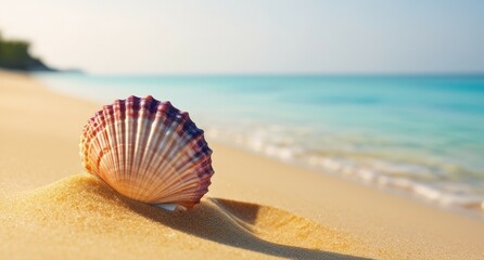 Obraz premium Vibrant summer background with seashell on the warm sandy shore, illuminated by the soft morning light. Gentle waves wash ashore, creating a serene coastal atmosphere. Space for text