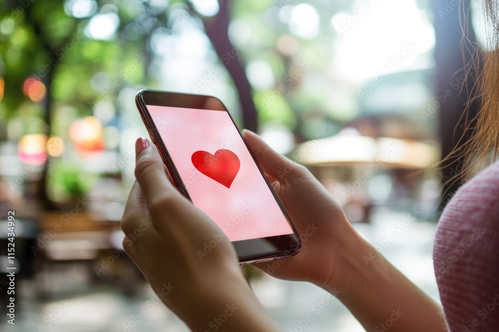 Poster a woman holds a smartphone with a red heart displayed on the screen, ideal for use in romantic or te