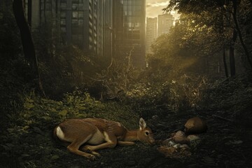 Fototapeta premium A deer lying down in a green meadow