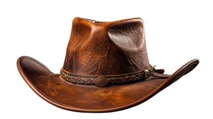 A finely crafted cowboy hat made from premium leather, showcasing durability and western charm, studio view, isolated on transparent background.