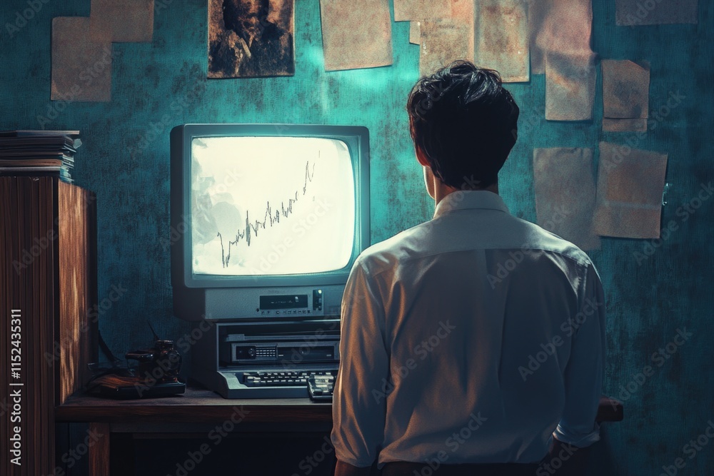 Poster A person seated at a desk with a computer monitor in front of him, likely working or studying