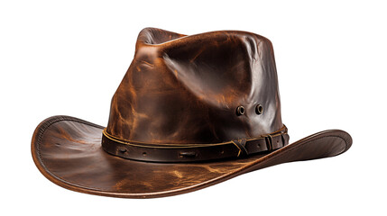 A rugged leather cowboy hat with a classic wide brim, ideal for outdoor adventures or western fashion, studio view, isolated on transparent background.