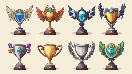 Award goblet and trophy cup for game level rank ui design. Cartoon vector illustration set of silver and golden winner prize with ribbons, wings and gems. Various stages of treasure prize evolution.