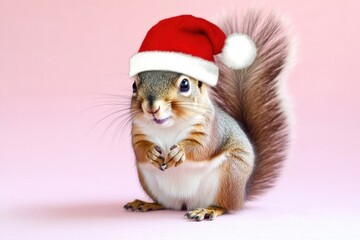 Obraz premium A playful squirrel wears a festive Santa hat on a bright pink background, perfect for holiday or winter-themed designs