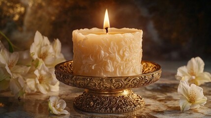  Single candle placed on an ornate gold holder with intricate floral engravings