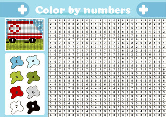 Color by number pixel art game for kids with ambulance car