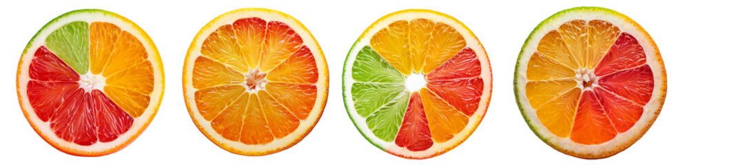 Round citrus slices displayed on a transparent background, showcasing vibrant colors and textures...