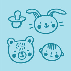 Hand drawn baby icons: pacifier, bunny, bear, and child's face