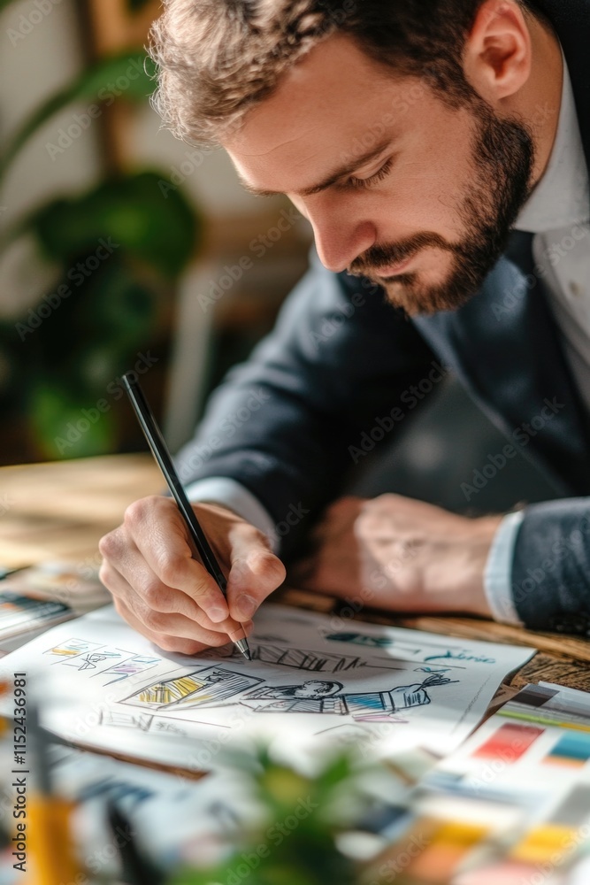 Poster a person seated at a desk scribbling notes