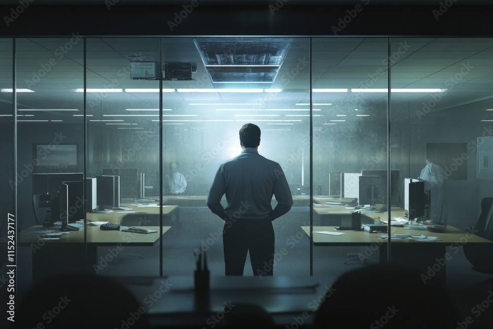 Poster a person standing in front of a transparent glass wall, possibly an office or building feature
