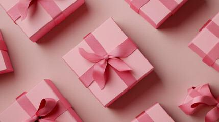 Gift boxes with flying lids - pink open present containers with red bow decoration shown in different angles. 3d vector unwrapped surprise package for holiday or celebration design elements.
