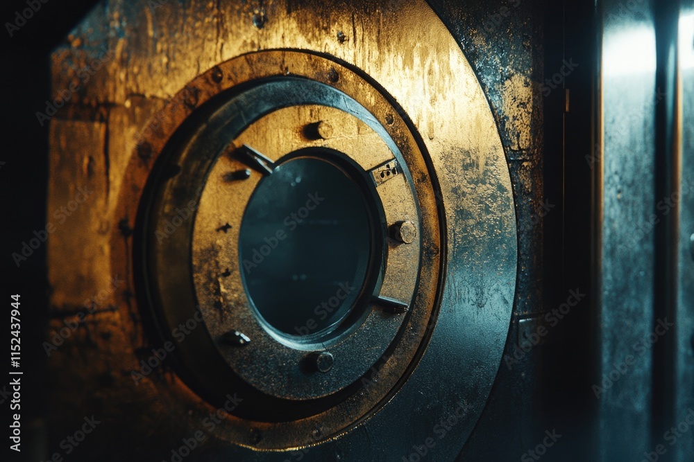 Poster A close-up shot of a metal door with a circular window, ideal for use in architecture, design or security contexts